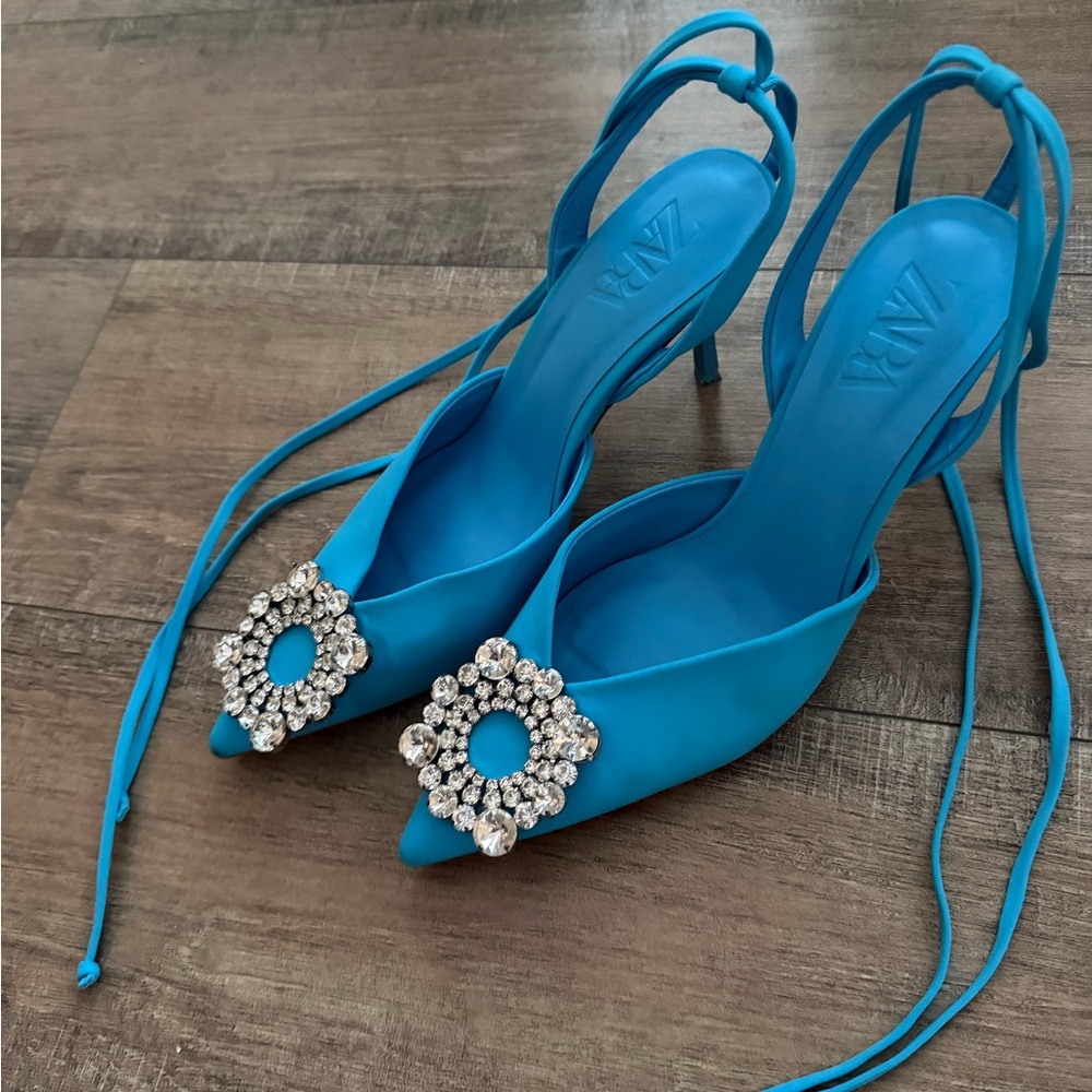 SOLD-ZARA Blue Rhinestone Embellished Lace-Up Pointed Toe Heels 💎✨ - Picture 1 of 5